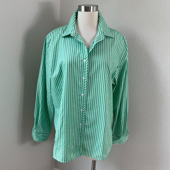 Foxcroft Womens Plus 18 Green Striped Button Up Shirt Wrinkle Free Shaped Fit - Picture 1 of 8